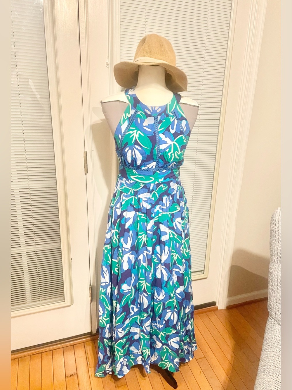 Anthropologie Abel the Label Blue Green Abstract Floral Halter Maxi Dress L